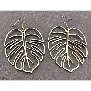 Monstera Palm Leaf Earrings Large Gold Tone NEW
